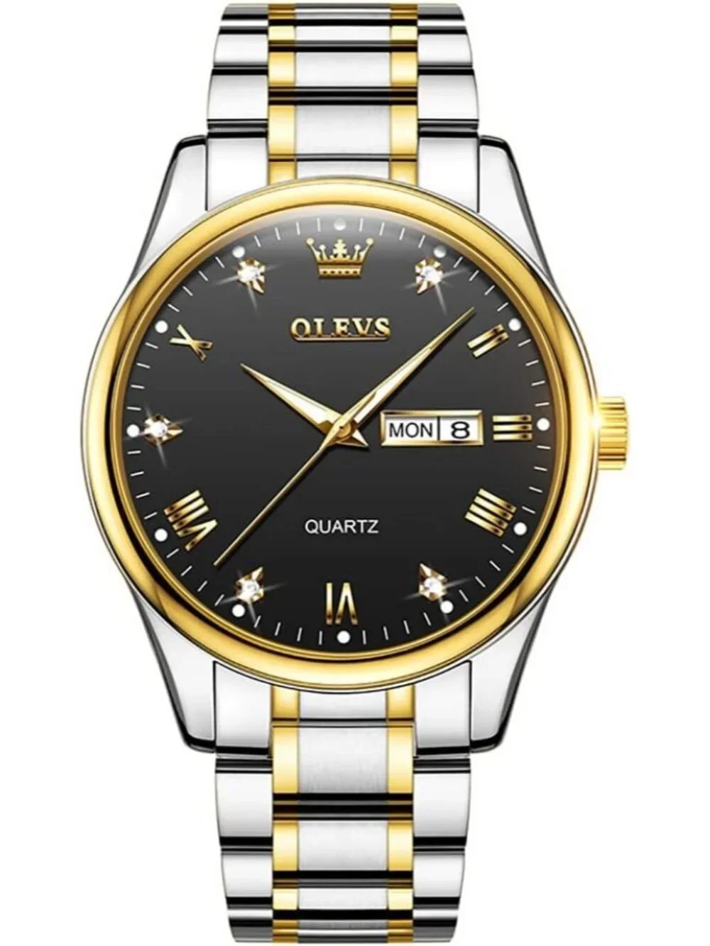 Olevs Men's Silver Black Luxury Stainless Steel Big Analog Quartz Luminous Watch